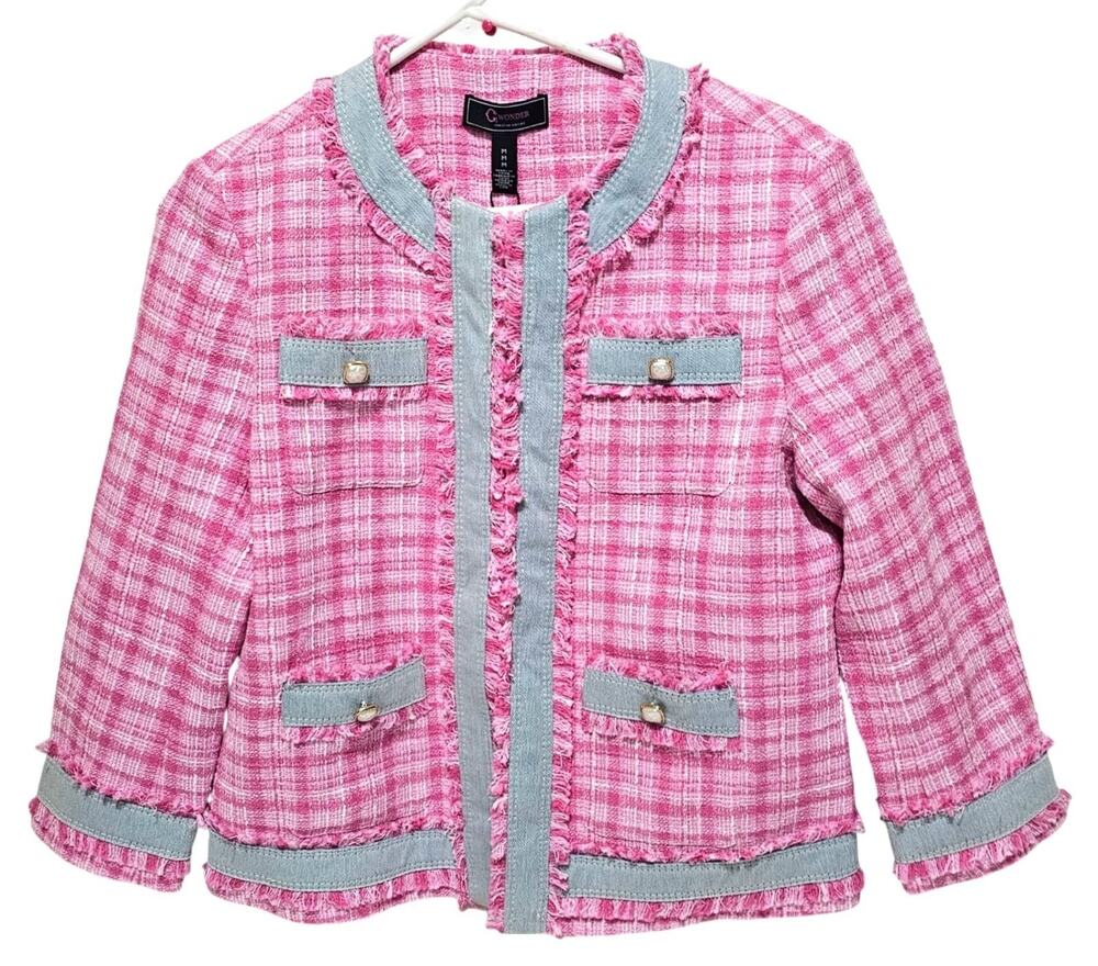 C. Wonder Christian Siriano Pink Blue Cropped Tweed Jacket Pearl Buttons NWT M